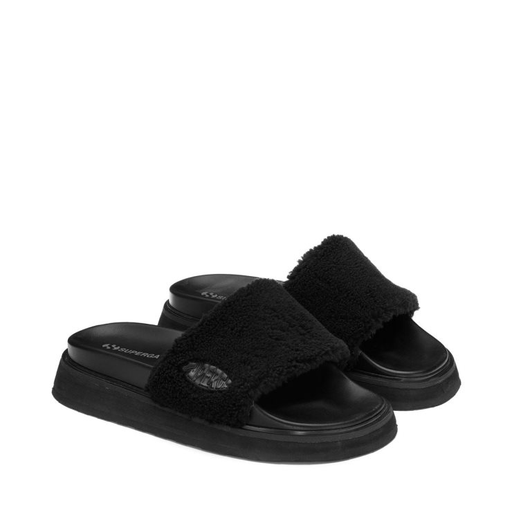 Superga 1918 Slide Plateau Kunstpelz Total Schwarz