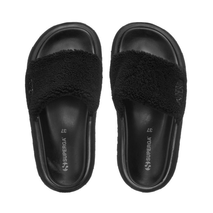 Superga 1918 Slide Plateau Kunstpelz Total Schwarz