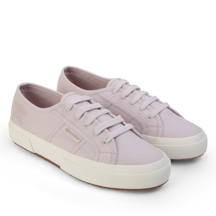 Superga 2750 Naturfarben-Stickerei Rosa Magentafarbene Blätter
