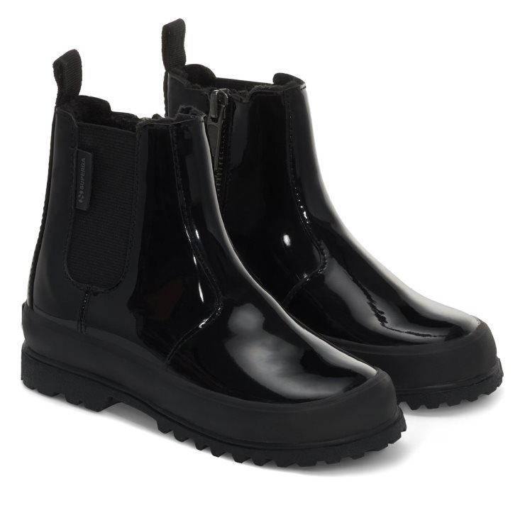 Superga 2666 Kids Alpina Glänzendes Lederimitat Total Schwarz