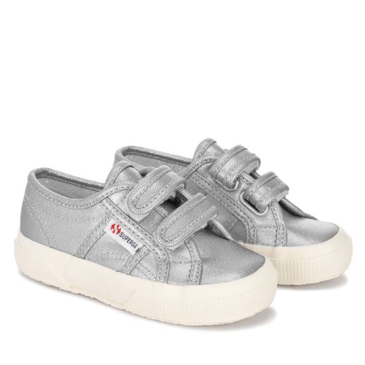 Superga 2750 Kinderriemen Metallic Canvas Grau Silber Matt-f Avorio
